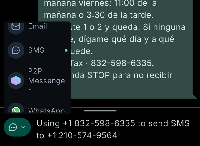 El menú de la app del teléfono con Correo, SMS, P2P Messenger y WhatsApp