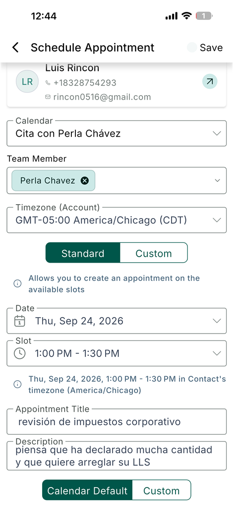 Pantalla de agendar cita en la app