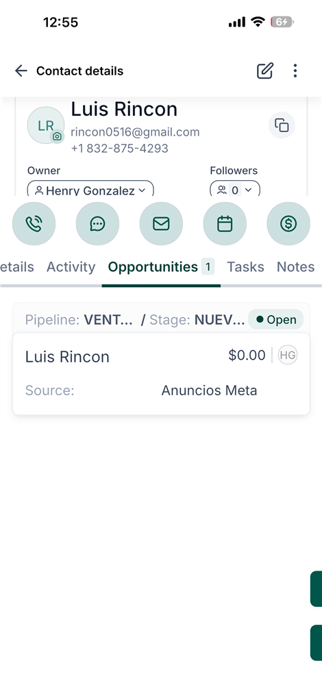 Ficha de contacto en la app