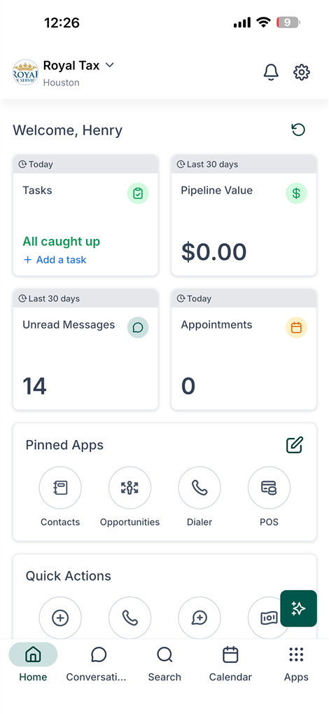 Pantalla de inicio de la app del CRM