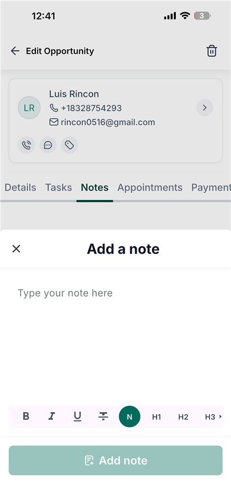 Pantalla de agregar nota en la app