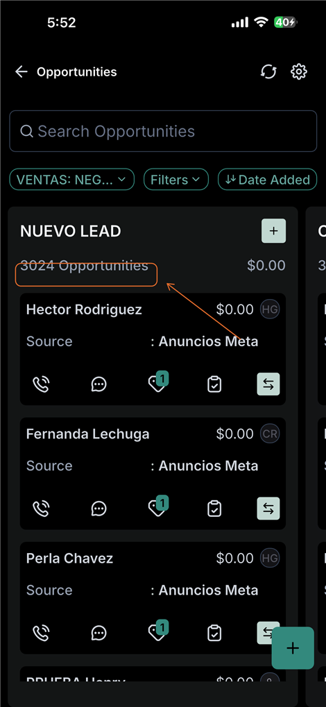 El tablero del CRM en el teléfono