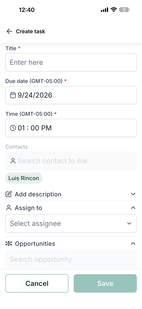 Pantalla de crear tarea en la app