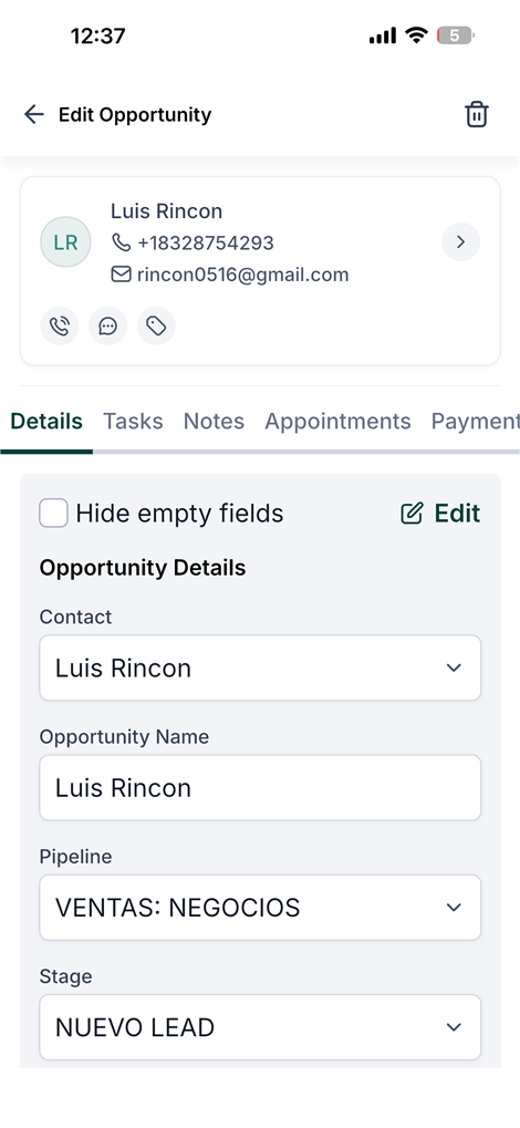 Ficha de una oportunidad en la app