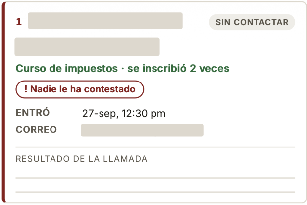 Tarjeta de un inscrito al curso en el informe