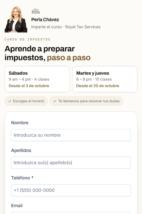 La página royaltax.org/curso en el teléfono