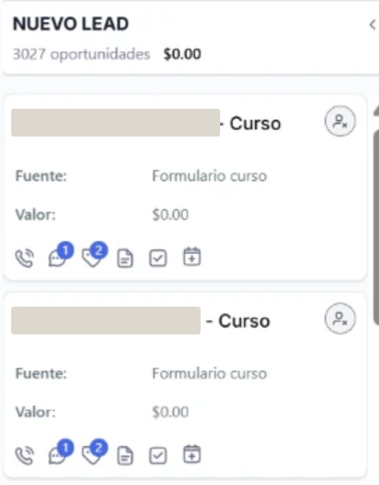 Dos tarjetas del curso en NUEVO LEAD, con Fuente: Formulario curso