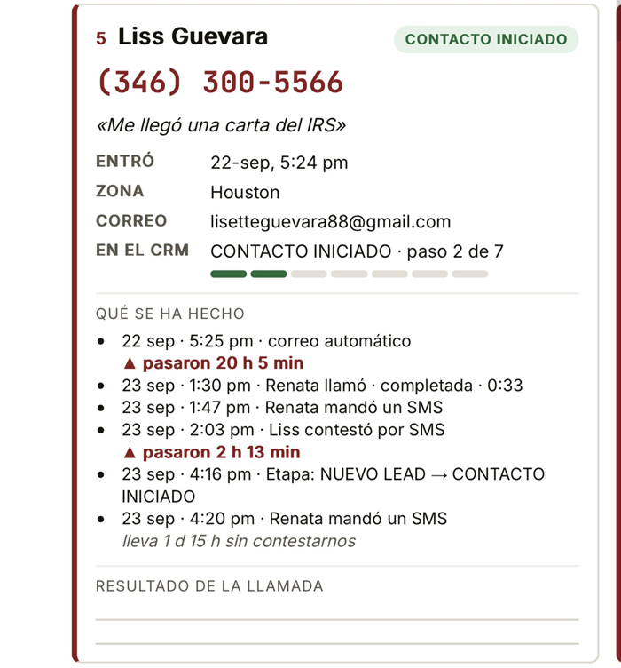 La misma tarjeta con los retrasos en rojo