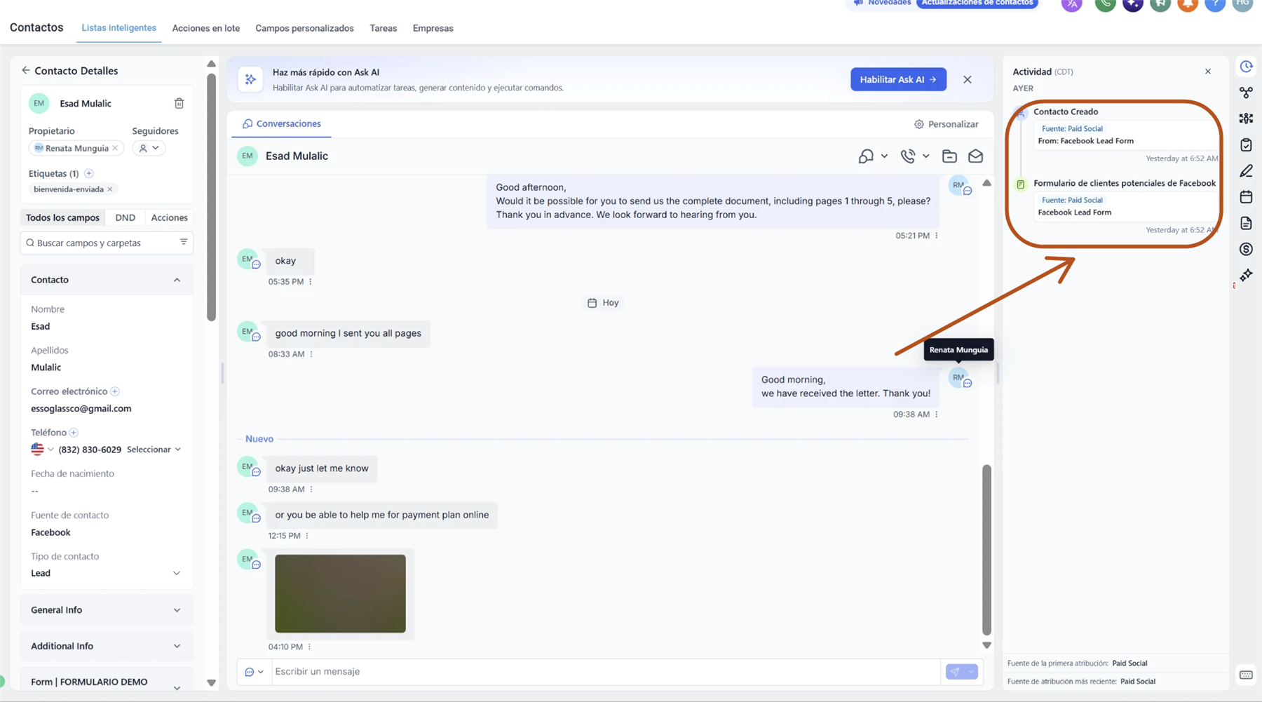 Historial de un contacto en el navegador