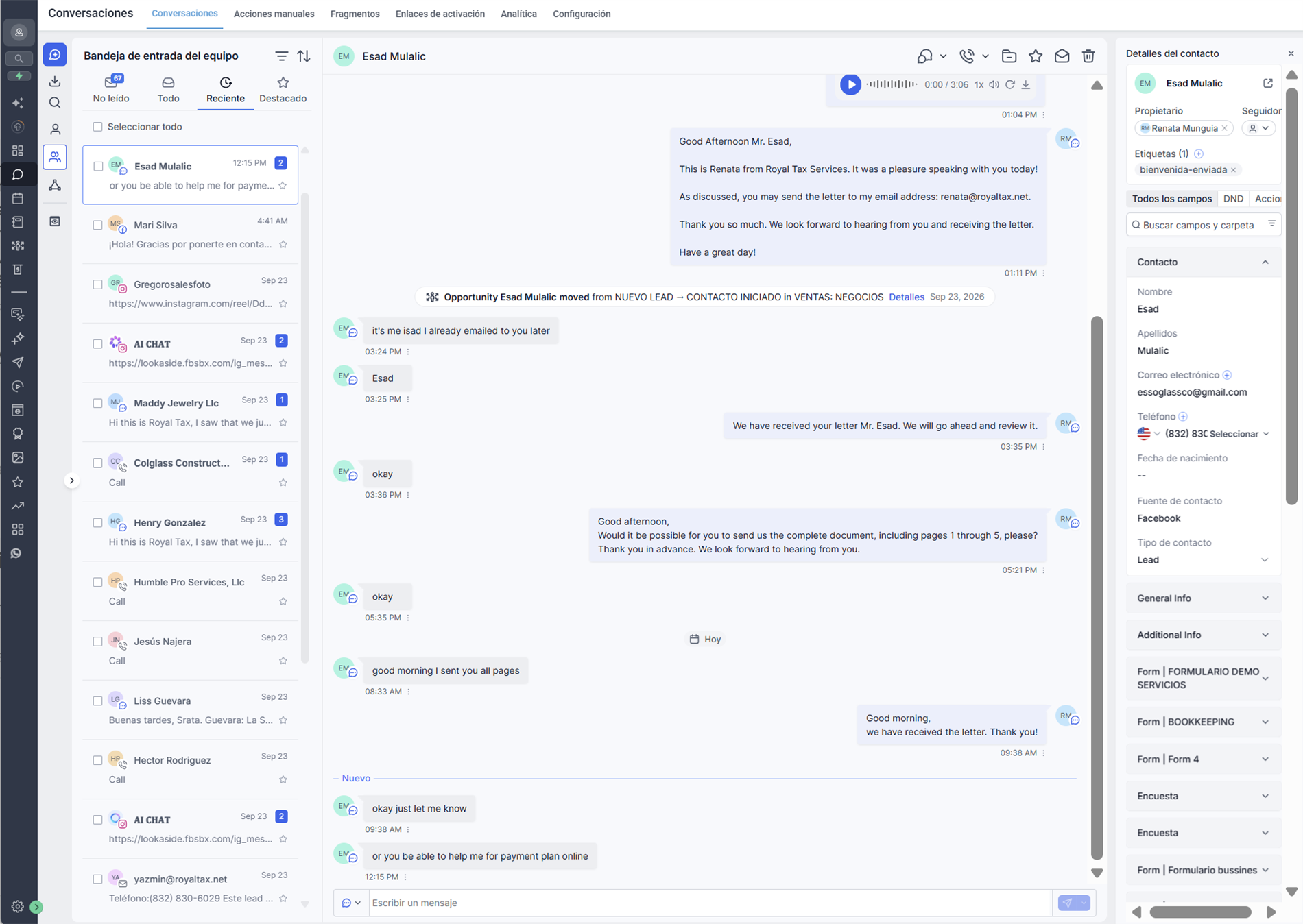 La misma conversación en el navegador