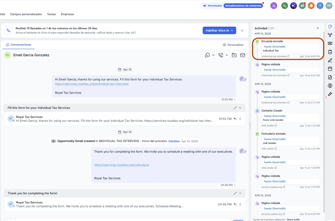 La ficha de un cliente con la columna Actividad y la línea Encuesta enviada señalada