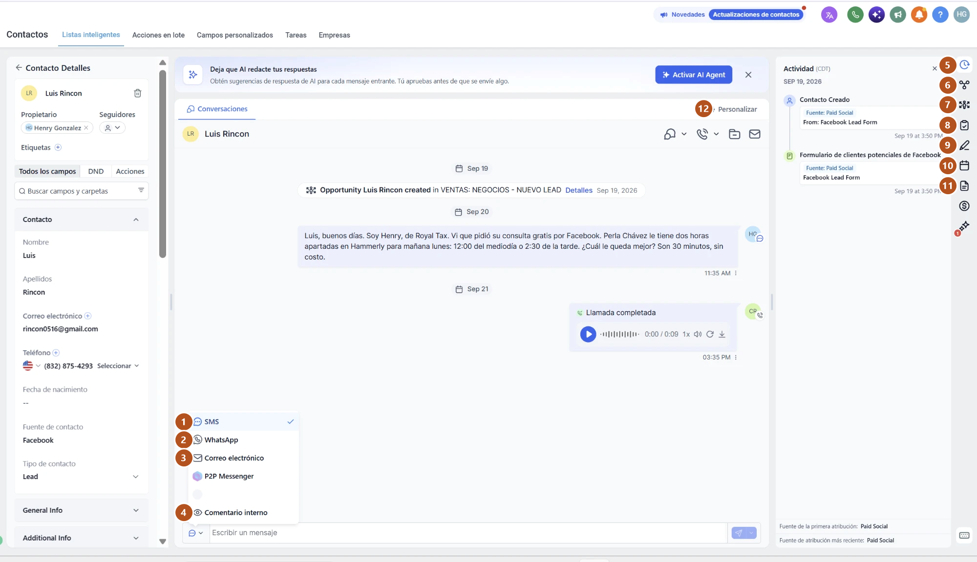 La ficha de un contacto con los botones numerados