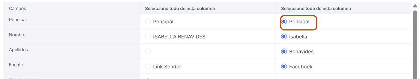 La ventana de fusión con la columna Principal marcada