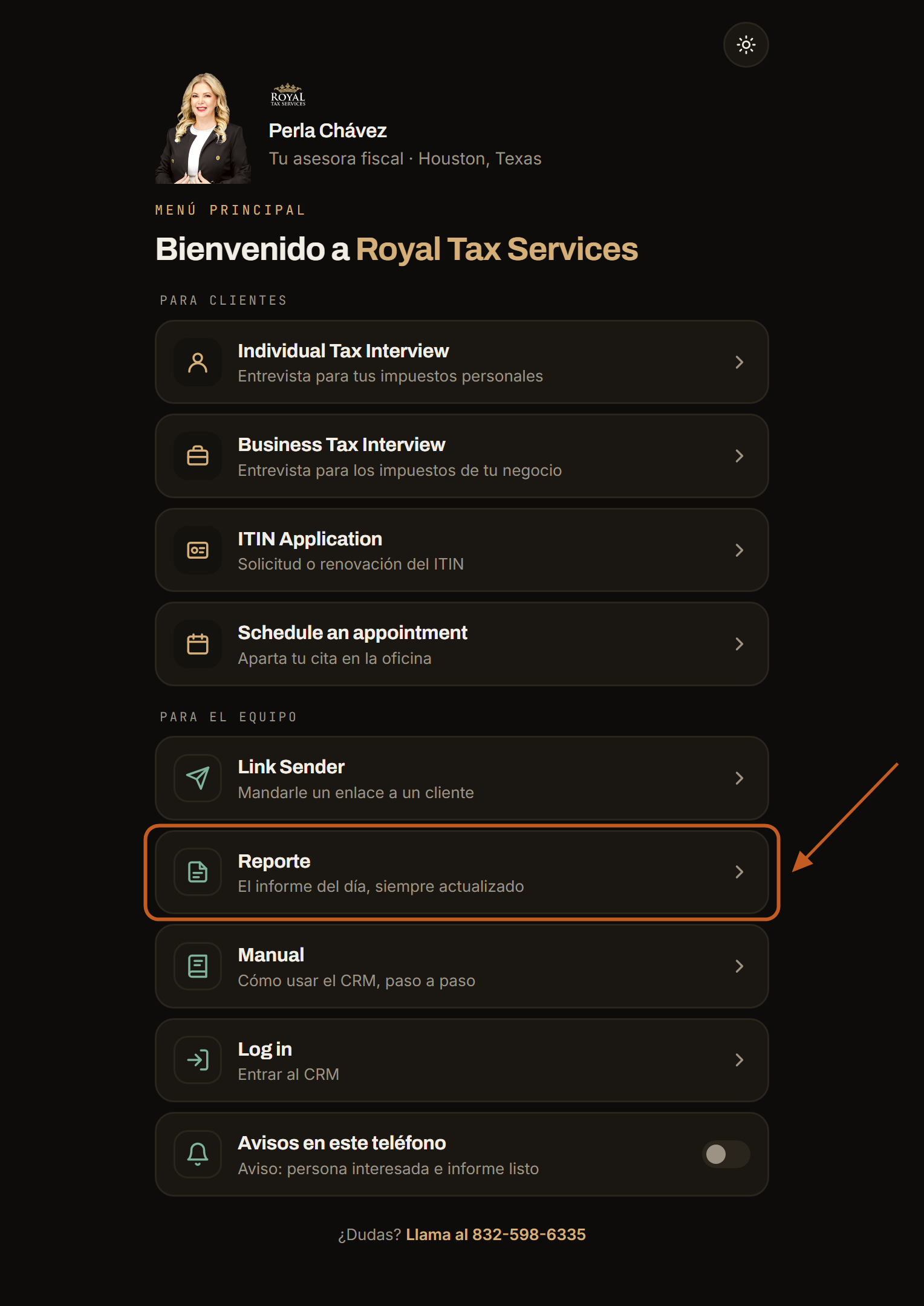 El menú de Royal Tax Services con el botón Reporte señalado