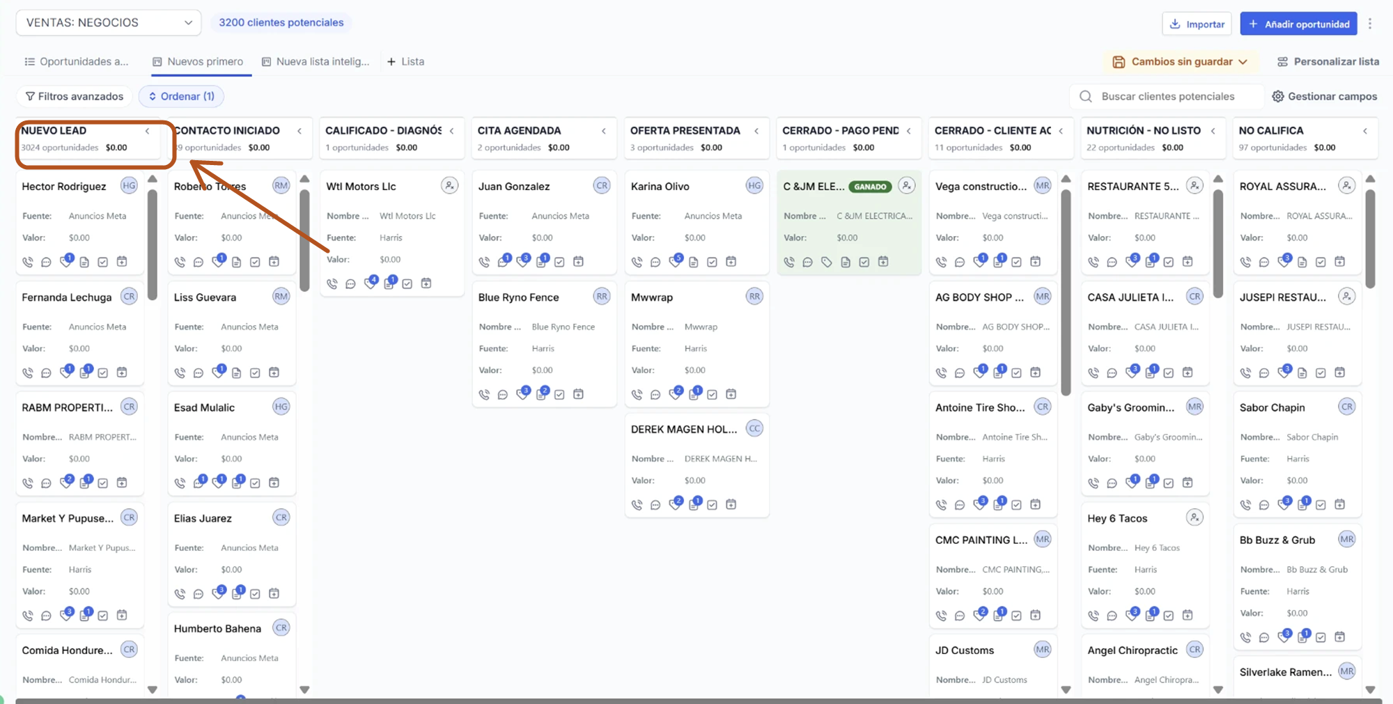El tablero del CRM en el navegador